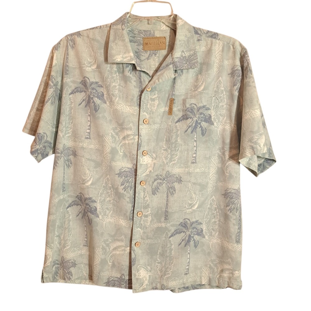 Magellan Men's Hawaiian Shirt Size M Mint Green Button Up Tropical Palm‎ Trees